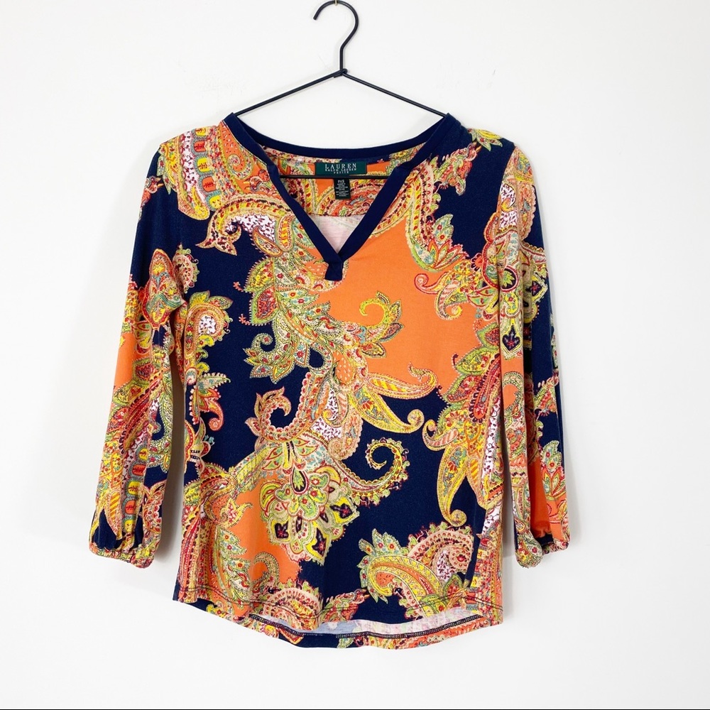 Lauren Ralph Lauren Petite Womens V-Neck Paisley Pullover Shirt Top